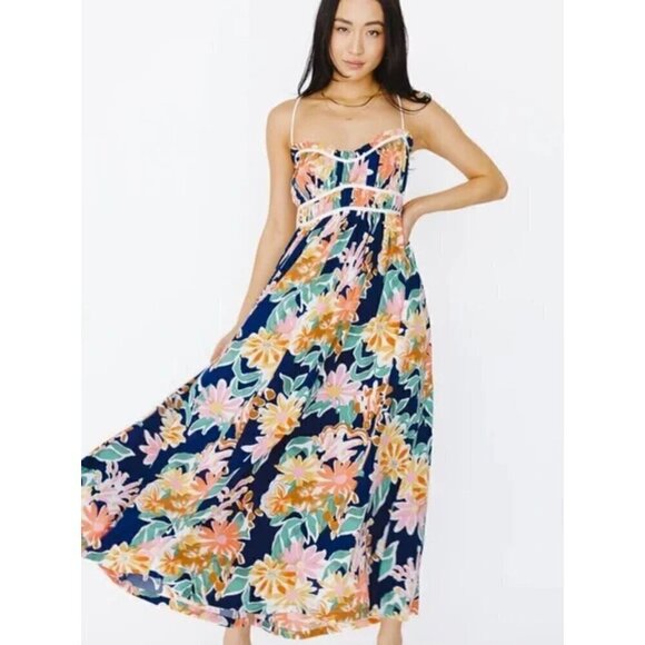 New LUSH Size S Strap open Criss Cross Tie Back Summer Dress Navy Floral Multi - Picture 1 of 11